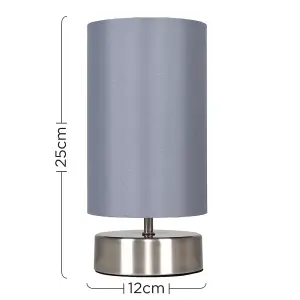 ValueLights Francis Pair of Brushed Chrome Touch Dimmer Bedside Table Lamps with Grey Cylinder Light Shades