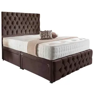 Merina Divan Bed Set with Tall Headboard and Mattress - Chenille Fabric, Brown Color, 2 Drawers Left Side