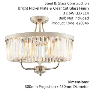 Bright Nickel Semi Flush Ceiling Light with Clear Cut Glass 3 Bulb Low Hanging