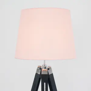 ValueLights Clipper Black Wood and Silver Chrome Tripod Floor Lamp with Pink Light Shade Complete with 6w LED GLS Bulb