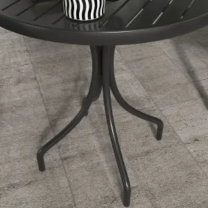 Outsunny Round Garden Table Outdoor Side Table with Steel Frame Slat Top Black