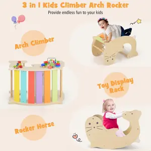 Costway 3-in-1 Kids Climbing Toy Set Indoor Wooden Arch Climber & Rocking Horse