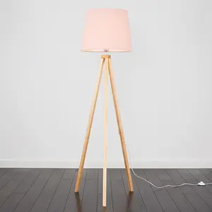 ValueLights Barbro Modern Light Wood Tripod Design Floor Lamp with Pink Tapered Shade - Includes 6w LED GLS Bulb 3000K Warm White