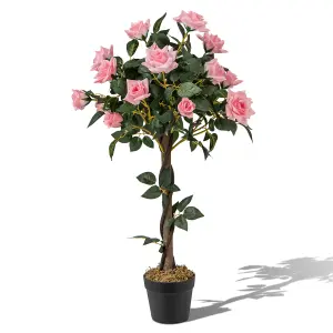 Costway 90CM Artificial Flower Tree Faux Floral Plant W/Pine Roses Greenery Potted Plant