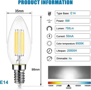 EXTRASTAR B22 LED Filament Candle Bulbs 6W warm white,2700K (pack of 6)