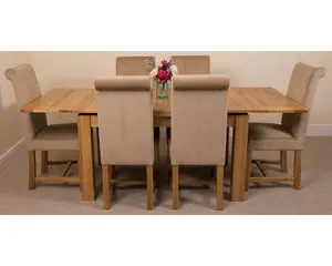 Richmond 140cm - 220cm Oak Extending Dining Table and 6 Chairs Dining Set with Washington Beige Fabric Chairs