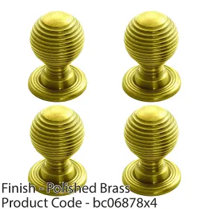 4 PACK - Reeded Ball Door Knob - 35mm Polished Brass Lined Cupboard Pull Handle & Rose