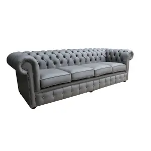 Chesterfield 4 Seater Sofa Shelly Silver Grey Real Leather In Classic Style