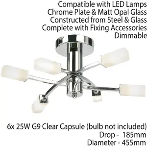 Semi Flush Ceiling Light Chrome & Glass 6 Bulb Square Shade Dimmable Pendant