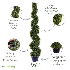 Pair of Best Artificial 5ft - 150cm Green Boxwood Spiral Topiary Tree - Suitable for Outdoor Use - Weather & Fade Resistant