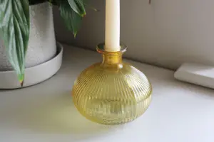 Yellow Ribbed Glass Candle Holder