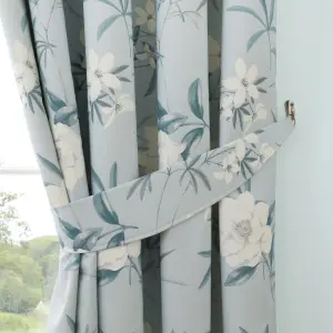 Eve 100% Cotton Floral Pair of Pencil Pleat Curtains With Tie-Backs