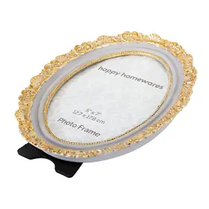 Vintage and Traditional Painted Grey and Brushed Gold Resin Oval 5x7 Photo Frame