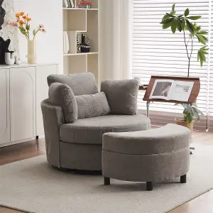 Chenille Swivel Armchair with 3 Back Cushion Pillow Ottoman Crescent Stool 