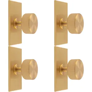 4 PACK - Reeded Radio Cabinet Door Knob & Matching Backplate Lined Satin Brass 76 x 40mm