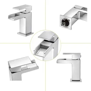 BATHWEST Waterfall Basin Taps Square Chrome Brass Cloakroom Bathroom Sink Taps for Basin