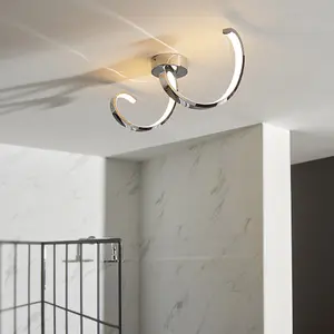 Modern Semi Flush Bathroom Ceiling Light - Chrome Plated & White Diffuser