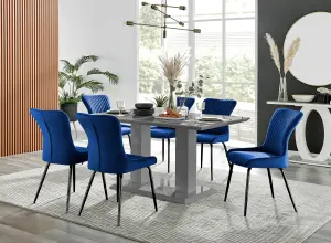 Imperia Grey High Gloss 6 Seater Dining Table with Structural 2 Plinth Column Legs 6 Blue Velvet Black Leg Nora Chairs