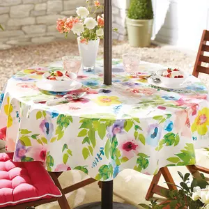 Outdoor PVC Tablecloth - Home or Garden Dining Table Cover with Parasol Hole - Square, 137 x 137cm, Watercolour Floral