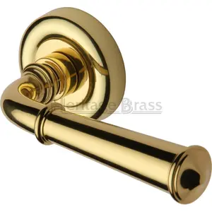 Heritage Door Handle Lever Latch on Round Rose Colonial Design (Set of 2) Polished Brass