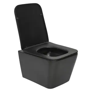 Square Hidden Fixation Wall Hung Rimless Toilet WC Pan & Soft Close Slim Seat - Black