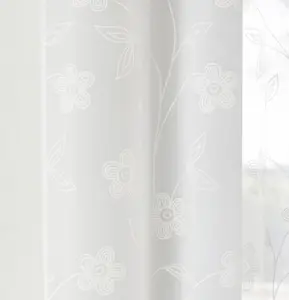 Pair of Sienna White Floral Paste Print Patterned Voile Panels with Rod Pocket Header 229 CM