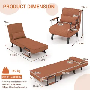 Costway Convertible Single Folding Sofa Bed Sleep Chair w/ 6 Positions Adjustable Backrest