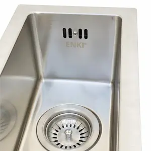 ENKI Kitchen Sink Round Brushed Steel Strainer Basket Waste with Overflow Pipe Single 1.0