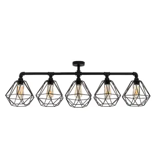 ValueLights Luiggi Style 5 Way Satin Black Pipework Bar Ceiling Light with Black Basket Cage Shades and LED Bulbs In Warm White