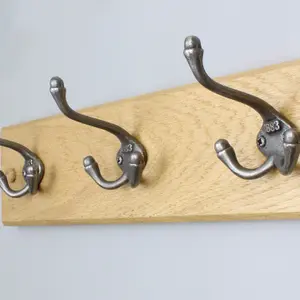 Oakcrafts - Handcrafted Solid Oak Coat Rack with Cast Iron 1883 Triple Hooks 450mm - 3 Hooks