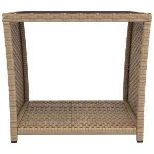 Berkfield Tea Table with Glass Top Beige Poly Rattan&Tempered Glass