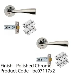 2 PACK - Door Handle & Latch Pack Set- Chrome Curved Flaired Lever Screwless Round Rose Kit