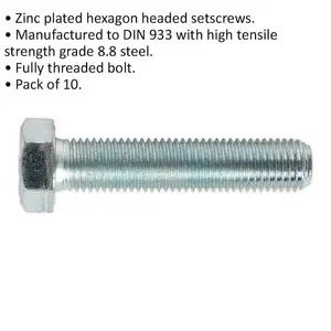 High-Quality M16 x 75mm Setscrew - 10 Pack - Grade 8.8 Zinc Plated - Fully Threaded