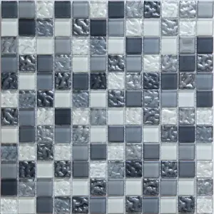 Calabria Grey & white Gloss Glass effect Glass Mosaic tile, (L)300mm (W)300mm