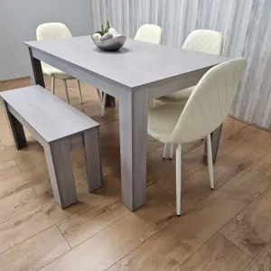 Dining Table Set In Grey, 4 Diamond-Pattern Cream Chairs, and 1 Bench. Kitchen Dining Table for 4