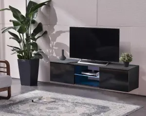 MDA Designs Ara Black Modern TV Cabinet for Flat TV Screens of up to 65" Entertainment Unit with Built-in Blue LED Lights