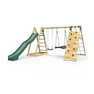 Rebo Wooden Pyramid Climbing Frame with Swings and 8.7ft Water Slide - Horseshoe