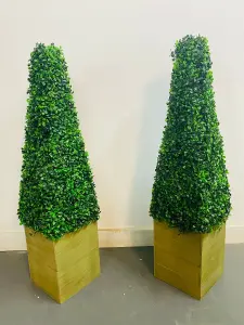 PAIR of Artificial Tree 3ft Pyramid Cones Indoor outdoor Topiary Wood Pot all weather