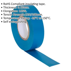 10x Blue PVC Insulation Tape - 19mm x 20m Self Extinguishing Electrical Wire