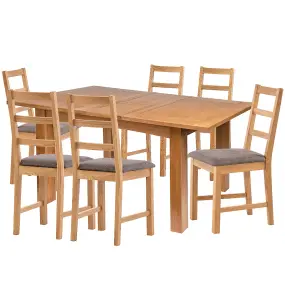 Hallowood Furniture Camberley Oak Butterfly Extending Dining Table with 6 Ladder Back Chairs in Light Grey Fabric Seats