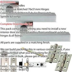 Door Handle & Latch Pack - Satin Steel - Square Mitred Bar Lever On Square Rose