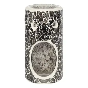 Grey Glass Pillar Shaped Oil, Wax Melt Burner. Mirrored Crackle Effect. H14.5 cm