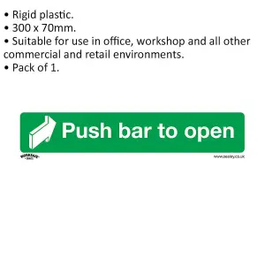 1x PUSH BAR TO OPEN Health & Safety Sign - Rigid Plastic 300 x 70mm Warning