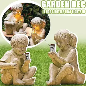 Solar Powered Boy and Girl with Fireflies Statue Resin Home Garden Ornament