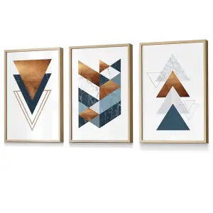 Set of 3 Mid Century Teal Orange Abstract Geometric Wall Art Prints / 30x42cm (A3) / Oak Frame