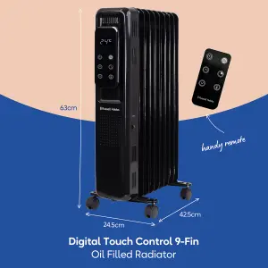 Russell Hobbs Electric Heater 2000W Black Digital 9 Fin Oil Filled Radiator with Remote & 2 Year Guarantee RHOFR2009B-D