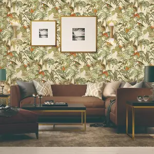 Cream Green Orange Tropical Wallpaper Birds Palm Textured Paste the Wall Vinyl