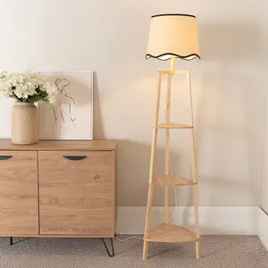 ValueLights Hiru 3 Tier Shelved Wooden Floor Lamp with Linen Black Trim Scallop Tapered Shade