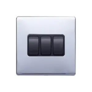 Polished Chrome Screwless Plate 10A 3 Gang 2 Way Light Switch - Black Trim - SE Home