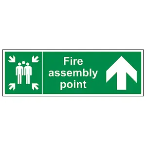 Fire Assembly Point Arrow UP Sign - Adhesive Vinyl - 600x200mm (x3)